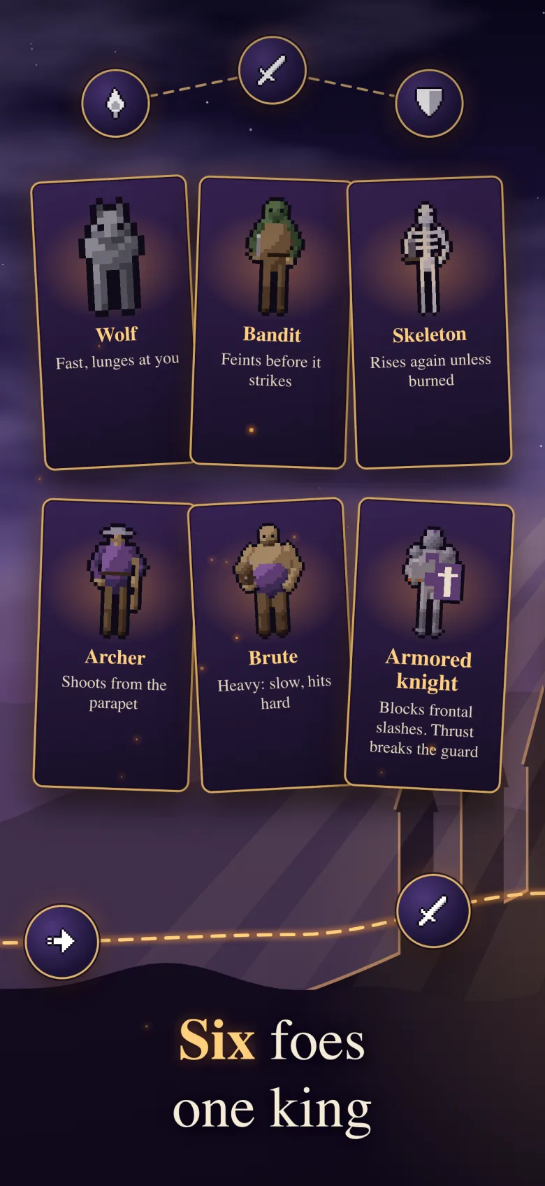 Six foes, one king: cards for the wolf, bandit, skeleton, archer, brute and armored knight