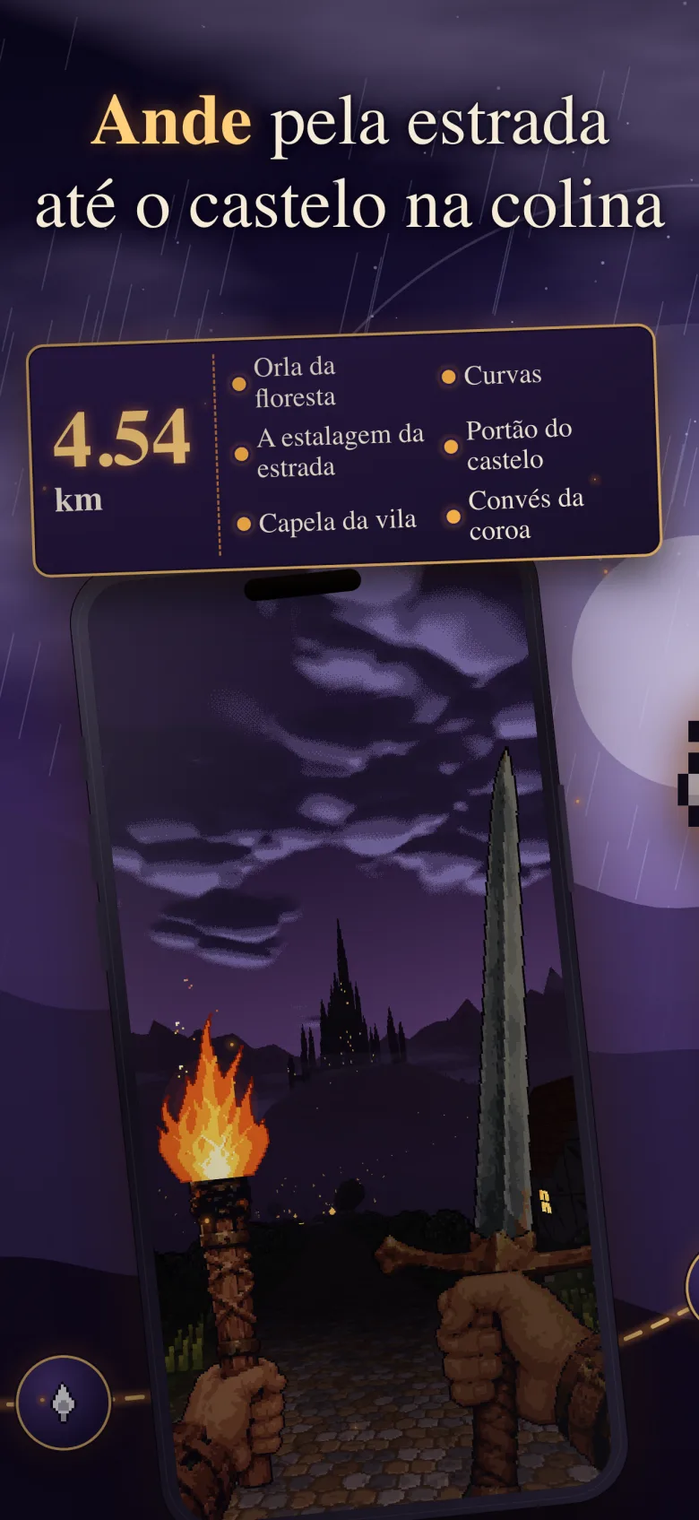 Caminhe pela estrada até o castelo na colina: a estrada do vale ao entardecer, 4,54 km de tempestade, floresta e pedra