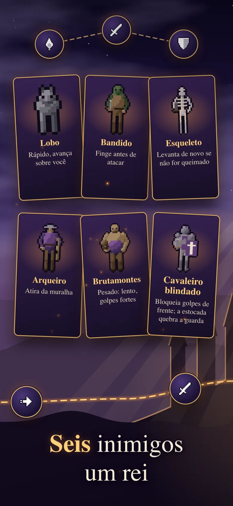 Seis inimigos, um rei: cartas do lobo, bandido, esqueleto, arqueiro, bruto e cavaleiro de armadura