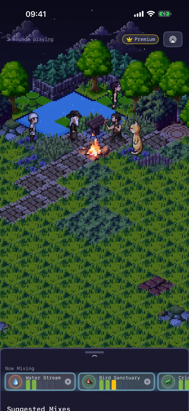 Cozy Mixer at bedtime: the pixel village at night, with villagers and a cat around the campfire and three sounds playing in the mixer below